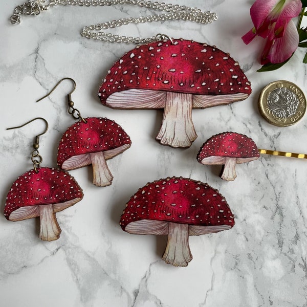 Whimsical Fly Agaric Mushroom, red toadstool wooden laswercut jewellery - earrings, necklace, hairgrip, brooch