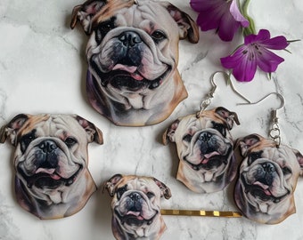 English bulldog wooden lasercut jewellery - earrings, necklace, hairgrip, brooch