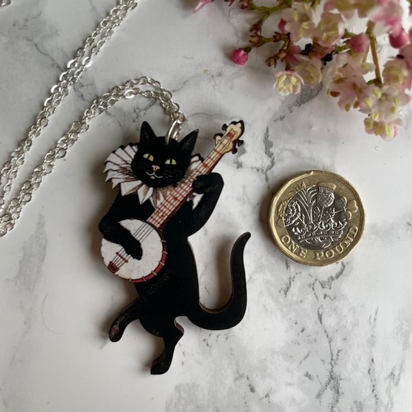 Black cat playing the Banjo Guitar wooden jewellery
