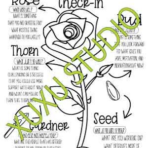 May include: Black and white line drawing of a rose with the text "Rose, Bud & Thorn Check-In". The drawing includes labels for "Rose", "Bud", "Thorn", "Seed", and "Gardner", with prompts for reflection.