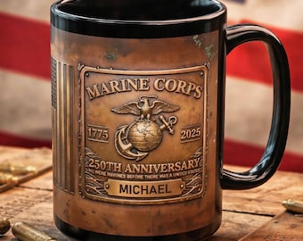 Personalized Marine Corps 250th Anniversary Black Mug, Veteran Gift