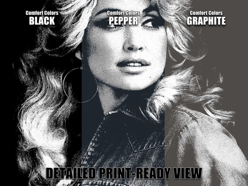 May include: A graphic print featuring a high-contrast portrait of a person with voluminous hair and hoop earrings. The image displays three vertical color panels labeled Comfort Colors Black, Pepper, and Graphite, with the text Detailed Print-Ready View.