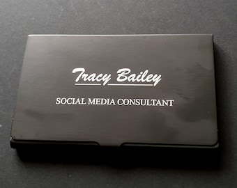 Black Aluminium Business Card Holder, Have Your Own Personalised Message Text or Logo Engraved