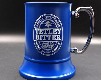 Personalised Blue Stainless Steel Tankard - Superb Wedding, Retirement, Birthday Boxed Gift, Your Own Text Logo Engraved