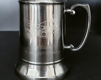 Personalised Silver Stainless Steel Tankard - Superb Wedding, Retirement, Birthday Boxed Gift, Your Own Text Logo Engraved