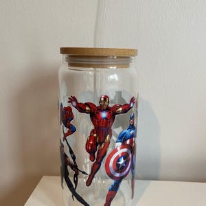 Superhero Inspired Coffee Glass | Bamboo Lid | Cocktail Beer Water | Drinks Cup | Iron Man Captain America Thor Hulk Wolverine | Reusable