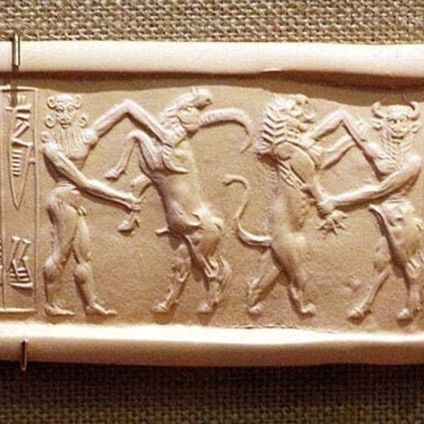 ANCIENT IMPRESSION TABLET Showing  Gilgamesh and  Enkidu  Fighting  Humbaba