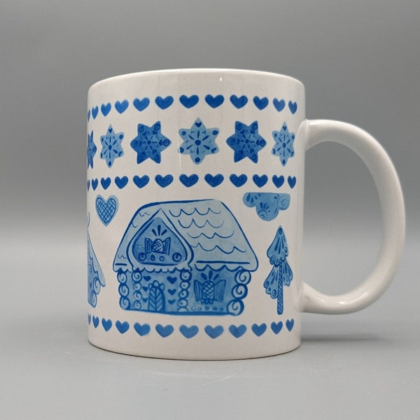 Christmas gingerbread blue houses mug/ Winter scene mug/ Holidays mug