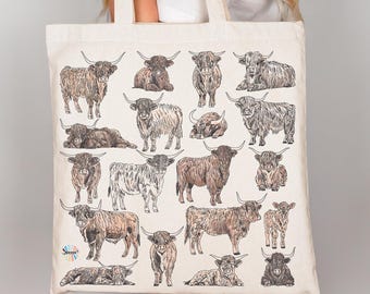 Highland Cow Canvas Tote Bag: Hand-Drawn Illustrations, Reusable Cotton Bag