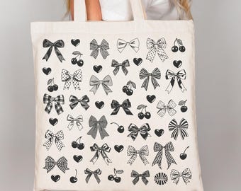 Cherry Bow Heart Canvas Tote Bag gift under 30 for her cute coquette aesthetic Mothers Day gift for grandma trendy beach tote for market