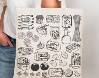 Sardine Girl Canvas Tote Bag gift under 30 for her gift for him fisherman core aesthetic tote la dolce vita vibe foodie Italian summer beach