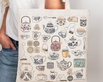 Tea Time Canvas Tote Bag: Hand-Drawn Illustrations, Reusable Cotton Bag