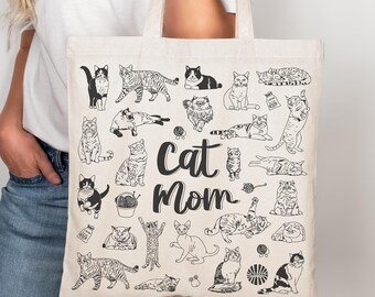 Cat Mom Canvas Tote Bag gift under 30 for her cat lover new kitten gift cute trendy beach tote tuxedo cat black cat Siamese cat