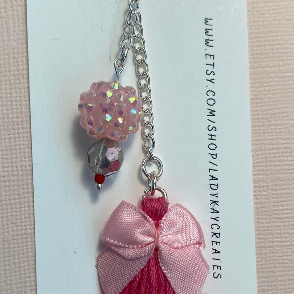 Bead Dangle pink and clear beads, 2 bow and a tassel on 2 silver chains. Decorate your folio, planner, journal, traveler's notebook.
