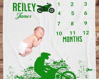 Personalized Dirt bike milestone boy blanket, Custom Motor cycle Milestone blanket, Dirt bike baby shower gift, motor cycle nursery