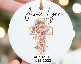 Personalized floral cross ornament, Custom Baptism Gift for girl, Goddaughter bauble, godparent dedication keepsake,  Christening gift