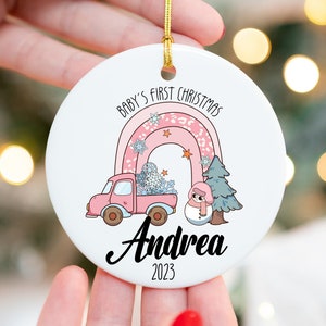 Baby&#39;s first Christmas Ornament, Personalized First Christmas Truck ornament, Custom  farm Truck, pink rainbow Bauble, Baby&#39;s Keepsake gift