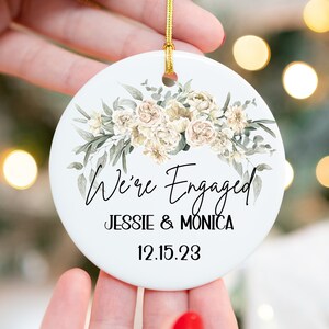 Personalized Engagement Ornament, Custom Engagement Names Bauble, Engaged Date Keepsake, Classic Engaged Ceramic Ornament, Floral engagement