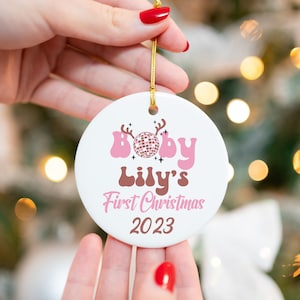 Baby&#39;s first Christmas Ornament, Personalized First Christmas reindeer ear ornament, Custom  girl&#39;s retro pink Bauble, Baby&#39;s Keepsake gift