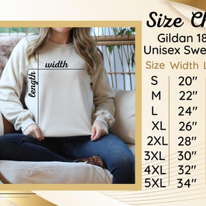 May include: Size chart for a Gildan 18000 unisex sweatshirt. The chart shows the width and length measurements in inches for sizes S through 5XL.