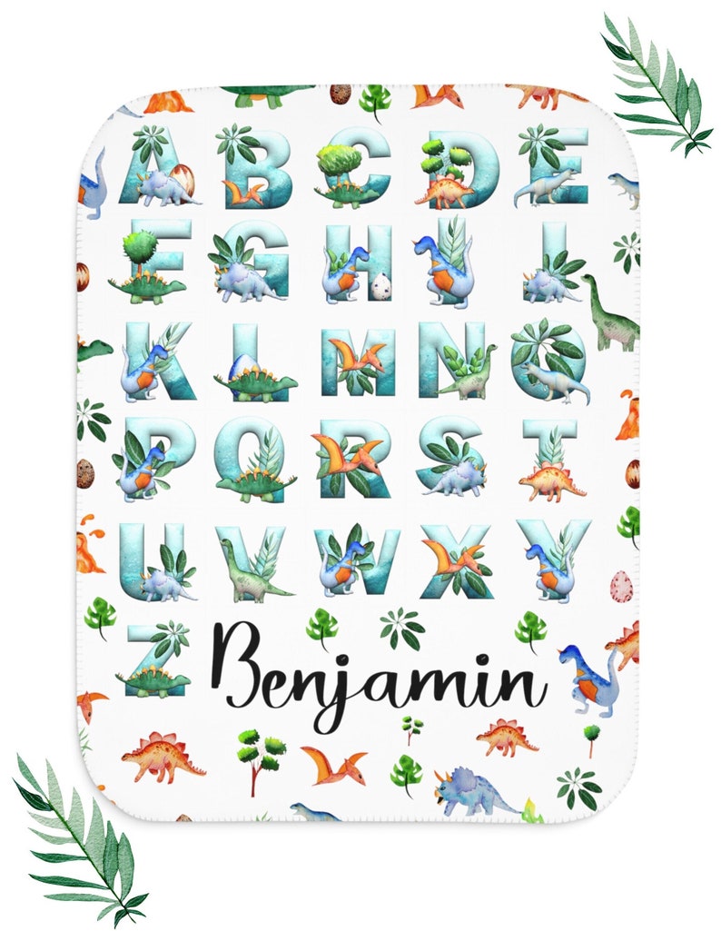 Personalized ABC DINO Blanket for Kids, Custom Dinosaur Alphabet