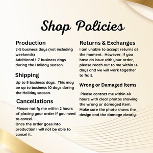 May include: Shop policies for a business, outlining production, shipping, cancellation, returns and exchanges, and wrong or damaged items. The text is in black on a white background.