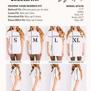 May include: Size guide for a t-shirt with four different fits: relaxed, loose, oversized, and dress shirt. The guide shows a model wearing each fit and provides measurements for each size: S, M, L, and XL. The model is wearing a white t-shirt and brown pants. The text on the guide reads: 'Comfort Colors 1717', 'Choose Your Desired Fit', 'Relaxed Fit: Choose your go-to size', 'Loose Fit: Size up 1 size', 'Oversized Fit: Size up 2 sizes', 'Dress Shirt Fit: Size up 3 sizes', 'Size Guide', 'Model Stats', '5' 4', '120lbs', 'Bust: 34', 'Waist: 26.5', 'Hips: 38'.