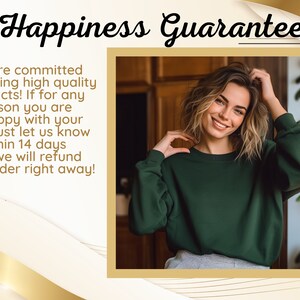 May include: A smiling woman wearing a green sweater, with the text "Happiness Guarantee" and a message about a 14-day refund policy.