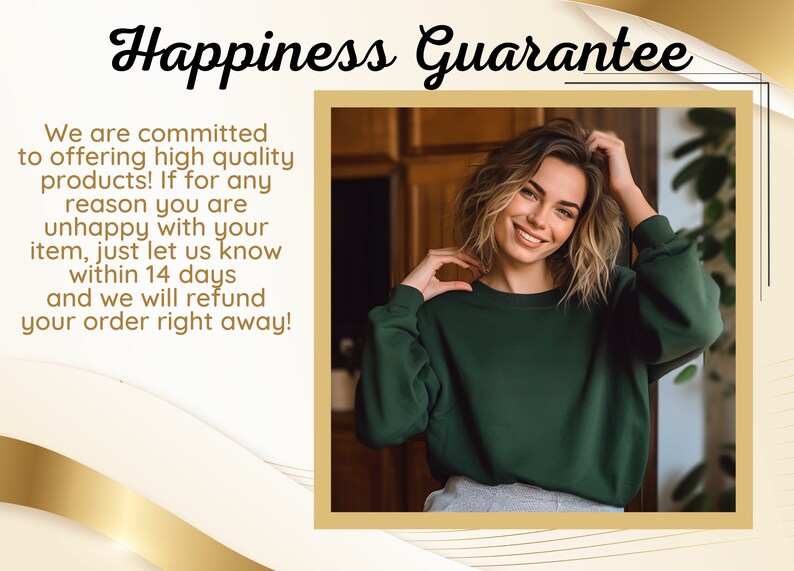 May include: A smiling woman wearing a green sweater, with the text "Happiness Guarantee" and a message about a 14-day refund policy.