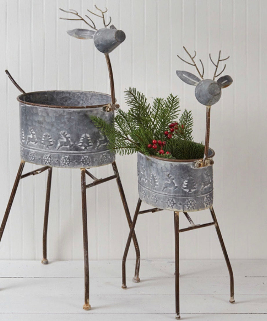 Set of 2 Galvanized Reindeer Planters Etsy