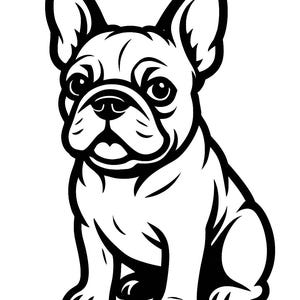 Könnte beinhalten: Schwarz-weiß-Linienzeichnung eines sitzenden französischen Bulldoggen mit aufgestellten Ohren.