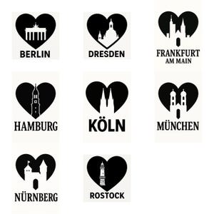 Könnte beinhalten: Neun schwarz-weiße herzförmige Symbole mit den Namen deutscher Städte und einer Silhouette eines Wahrzeichen in jeder Stadt. Die Städte sind Berlin, Dresden, Frankfurt am Main, Hamburg, Köln, München, Nürnberg, Rostock.
