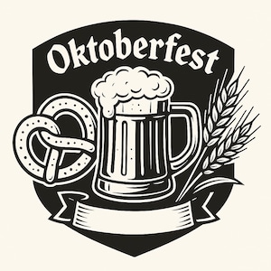 Può includere: Illustrazione in bianco e nero di una boccale di birra con un pretzel e spighe di grano. Il testo "Oktoberfest" è sopra la boccale.