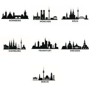 May include: Black silhouette illustrations of famous German city skylines, including Nürnberg, München, Köln, Hamburg, Frankfurt, Dresden, and Berlin, each labeled with its name.