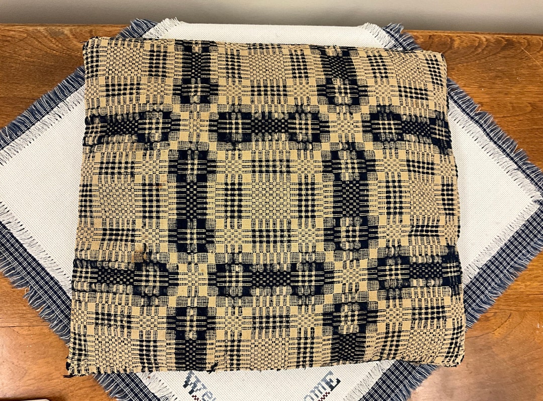 Authentic 1800s Antique Coverlet Decorative Throw Pillow. Navy Blue and