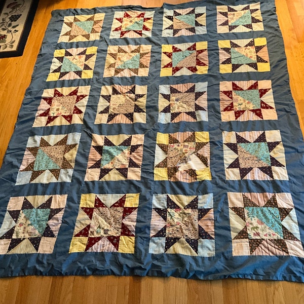 Vintage Completed Octagon Star Quilt - Hand made, tied, colorful, 75” x 90”