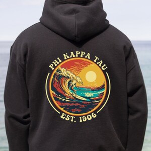 Phi Kappa Tau Fraternity Hoodie Sweatshirt | Sunset Surfer Phi Tau Fraternity Hoodie | Soft Comfy Fraternity Sweatshirt Gift