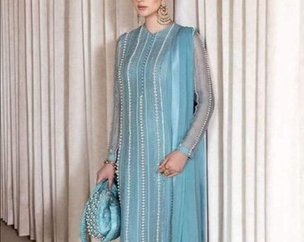 Handmade 3 piece stiched chiffion embroidered with Pearl work suit