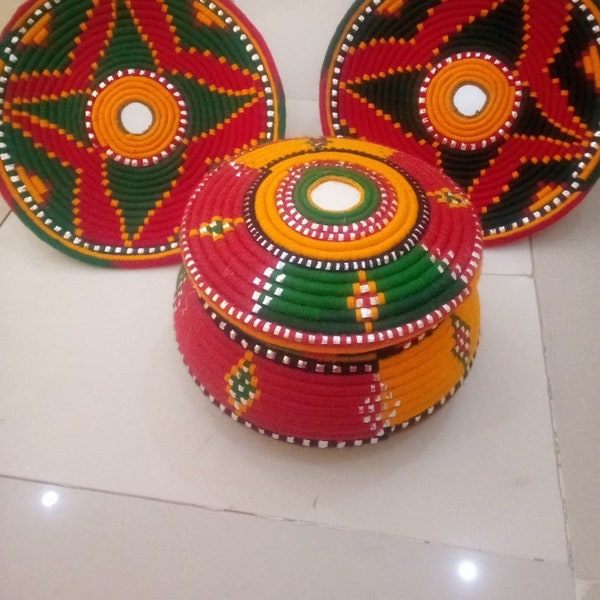 PAKISTANI Handmade unique designs 2 piece Wall Basket and 1 piece hot pot