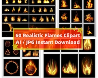 Realistic Flames Clipart, Fire Clipart, Flames AI, Flame Graphics, Fire Flame Overlay, Bonfire Photoshop, Fireball Clipart-Instant Download