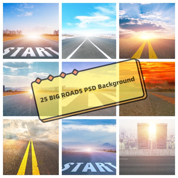 25 BIG Roads PSD Background Clipart set, Open Road Highway Trip Sunrise/Sunset/Building Scene/Vibe road/banner,decor - PSD Instant Download