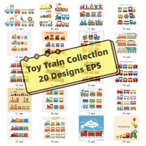 20 diseños Toy Train Collection EPS, clipart de tren para bebés, lindo juguete de ferrocarril, vía de tren para niños, Caboose-Party / Nursery / Decoración / Scrapbook Cricut