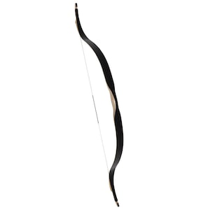 May include: A black recurve bow with a light-coloured wood grip and limbs. The bowstring is white. The bow is designed for archery and target practice. The bow is made of wood and other materials.