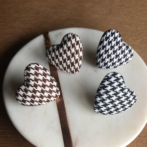 Tweed Heart Earrings for Gift For Her Black and White Tweed Heart Stud Earrings Brown and White Tweed Heart Stud Earrings for Her