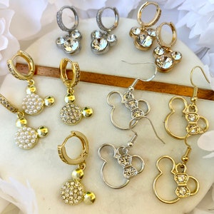 Gold or Silver Mickey or Minnie Rhinestone Dangly Earrings