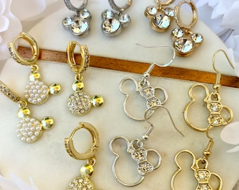 Gold or Silver Mickey or Minnie Rhinestone Dangly Earrings