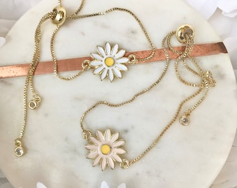 Pink or White Daisy Bracelet Gold Adjustable Bracelet for her