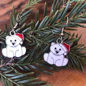 Polar Bear with Santa Clause Hat Cute Silver and Surgical Stainless Steel Dangly Earrings