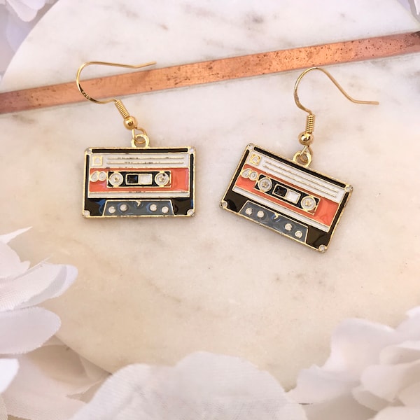 Gold, Black, and Orange Retro Cassette Tape Dangly Earrings