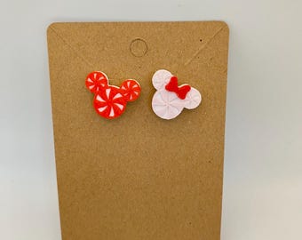 Peppermint Mickey & Minnie Head Stud Earrings Disney Inspired Holiday Earrings for Christmas Gift for Her